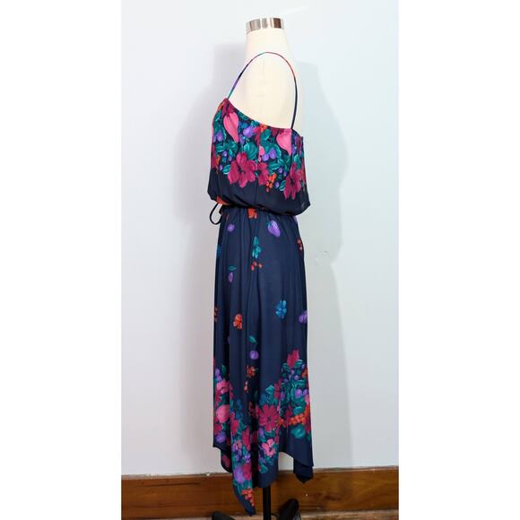 70s Blue Floral Spaghetti Strap Dress with Berries - Picture 4 of 7